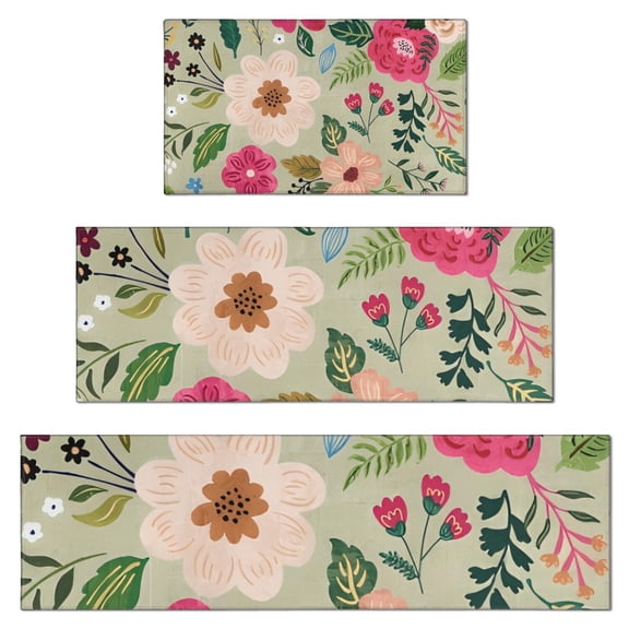 Vibrant Pioneer Flower Pattern Kitchen Rugs Sets Of 3,Kitchen Runner Rugs Non Skid Washable,Decorative Kitchen Floor Mats for Kitchen,Sink,Laundry,17"x30" 17"x47" 17"x59"