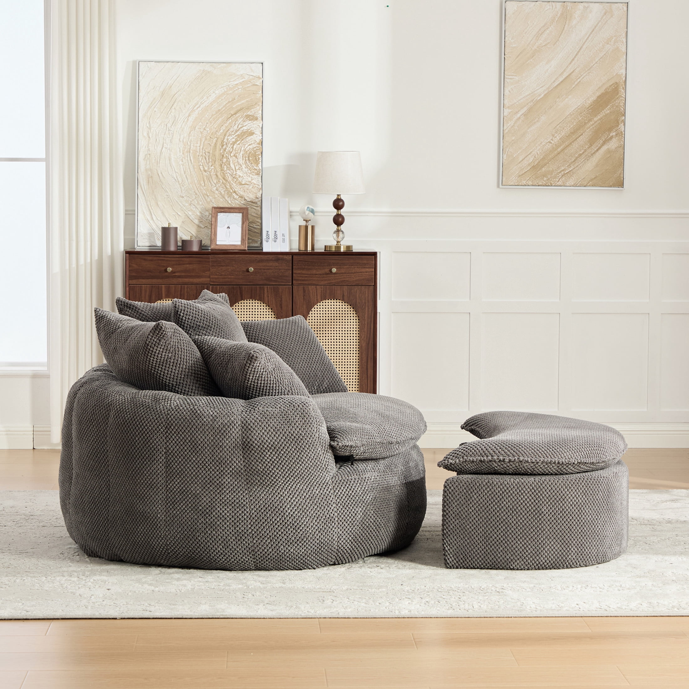 GDF Studio 53.15-Inch Oversized Pumpkin-Shaped Lounge Chair with Footstool Ottoman, Gray