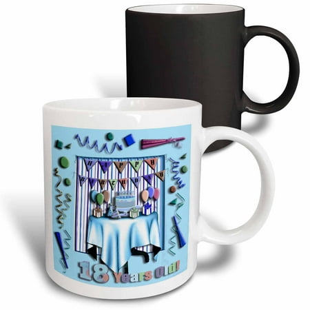 

3dRose Birthday Room in Blue Happy Birthday 18 Years Old Magic Transforming Mug 11oz