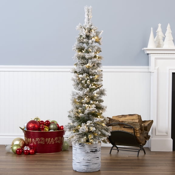 National Tree Company 4.5 ft. Pre-Lit Artificial Snowy Methow Pencil Christmas Entrance Tree, Green, 100 Warm White LED Lights, White Ceramic Base