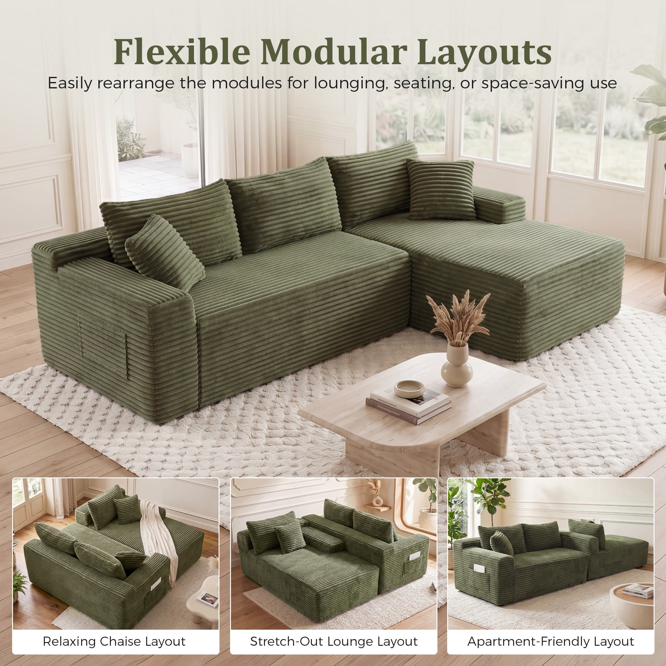 Aenkyo 95 Inch Corduroy L-Shaped Modular Sectional Sofa, Right Chaise, Green