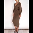 thumbnail image 4 of Vestido Ajustado de Punto para Mujer, Elegante, Retro, con Mangas Acampanadas, Cuello en V, Color Liso, para Vacaciones. Café Marrón M, 4 of 9
