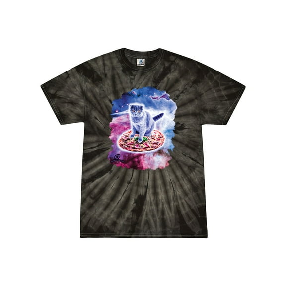 Wild Bobby, Cute Trippy Space Cat Riding Pizza, Animal Lover, Tie-Dye Tees, Spiral Black, Medium