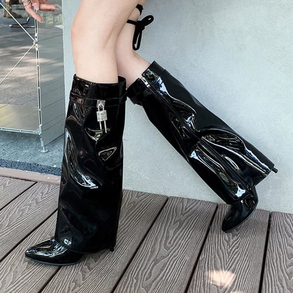 Fold Over Knee High Boots For Women Covered Wedge Heel Padlock Boot Almond Toe Wide Calf Pull On Fashion Boots Party Shoes