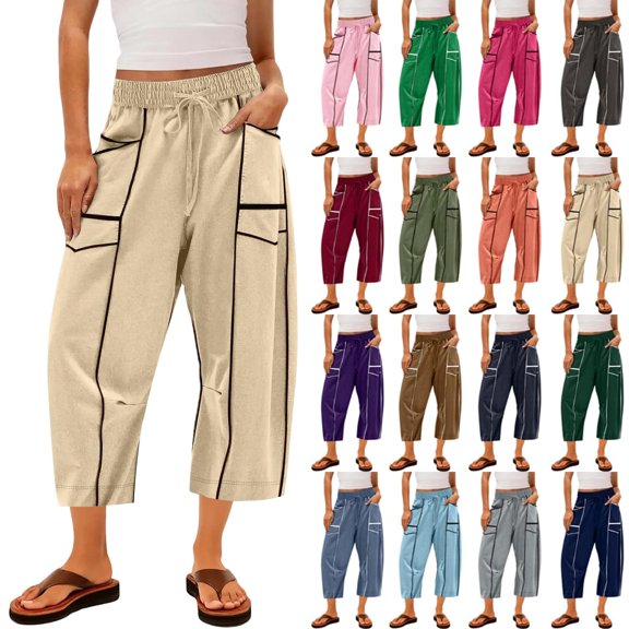 Delayuji Womens Capri Pants Casual Summer Baggy Wide Leg Pants Elactic Waist Barrel Pants Women With Pockets