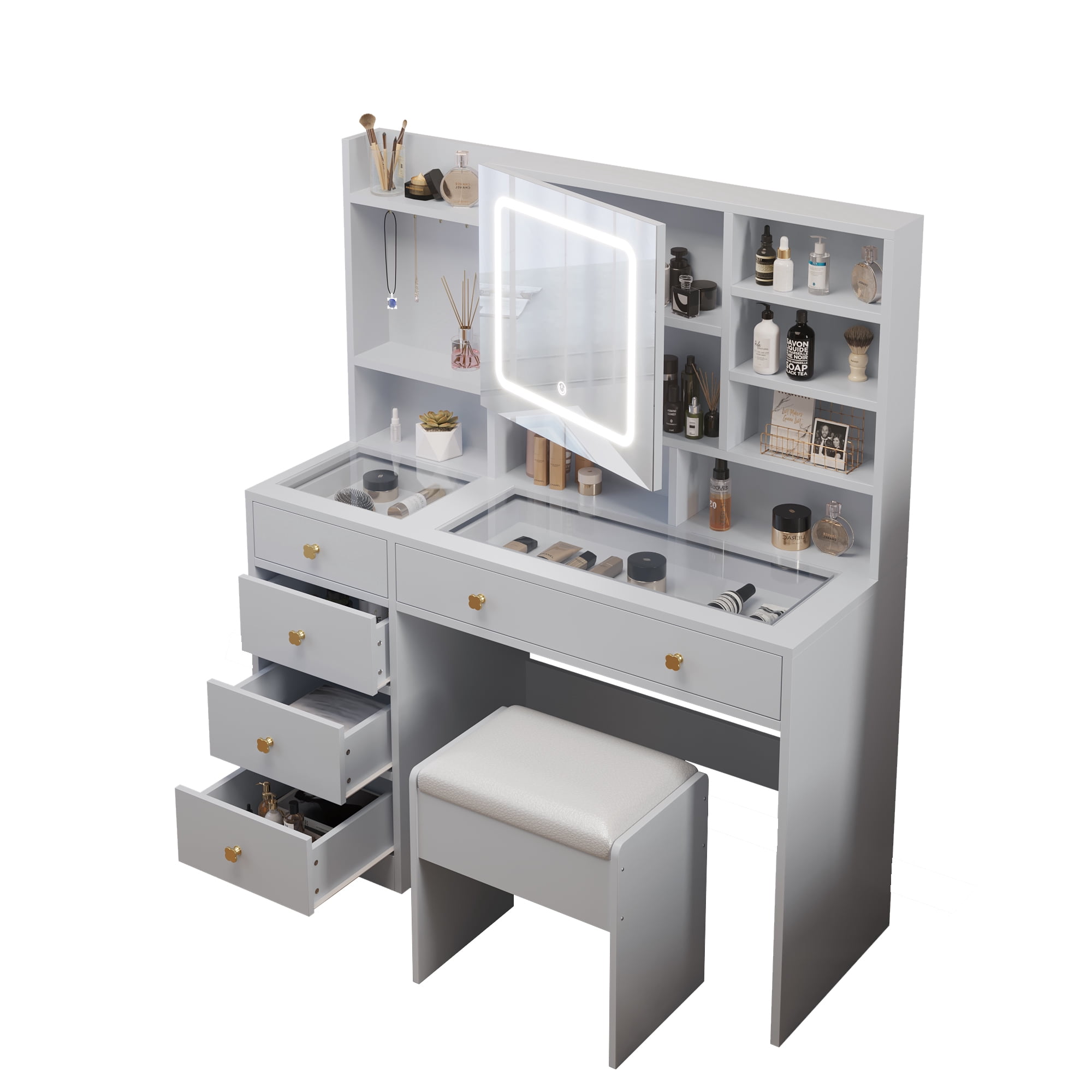 5-Drawer Dressing Table Set with Shelves and Hooks Dressing Table with Power Strip LED Three-Tone Mirror and Tempered Glass Desktop Vanity Set with Textured Melamine Finish 47.24*15.75*53.54in White