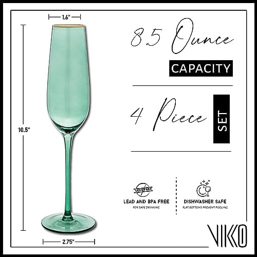Vikko Champagne Flutes, 8.5 Ounce Toasting Champagne Flute, Green with Gold Rim Crystal Clear Champagne Glasses, Set of 4 Elegant Sparkling Wine Glasses