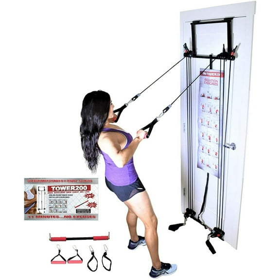 Tower 200 Door Gym Full Body Exercise Fitness System with Straight Resistance Bar, DVD, Chart - Total Home Gym Strength Training