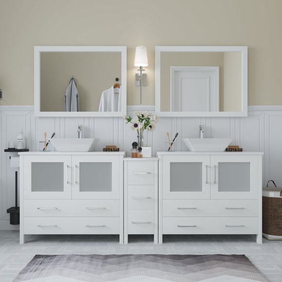 Vanity Art Meuble-Lavabo de Salle de Bain à Double Lavabo de 84 Po L avec Dessus en Marbre d'Ingénierie et Deux Miroirs Gratuits