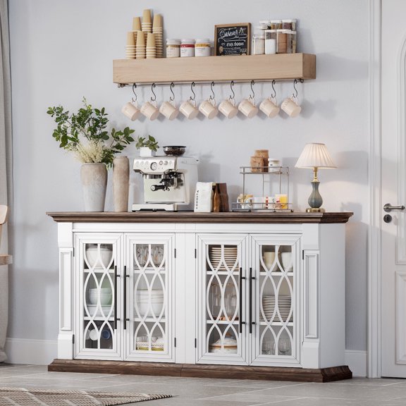 Holliwill 60" Modern Buffet Cabinet with 4 Glass Doors, Large Sideboard Kitchen Storage Cabinet Coffee Bar Cabinet for Dining Room Living Room Bedroom, White