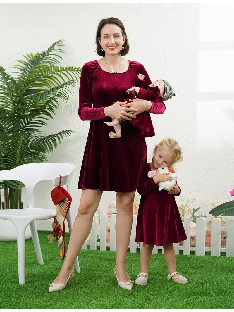 FYMNSI Mommy and Me Christmas Outfit Square Neck Velvet Dresses