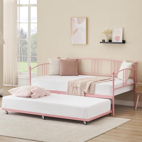 Twin Daybed with Trundle, Metal Twin Size Sofa Bed Frame with Pull-Out Trundle, 6 Casters and Steel Slat Support for Living Room, Bedroom, Guest Room, Pink