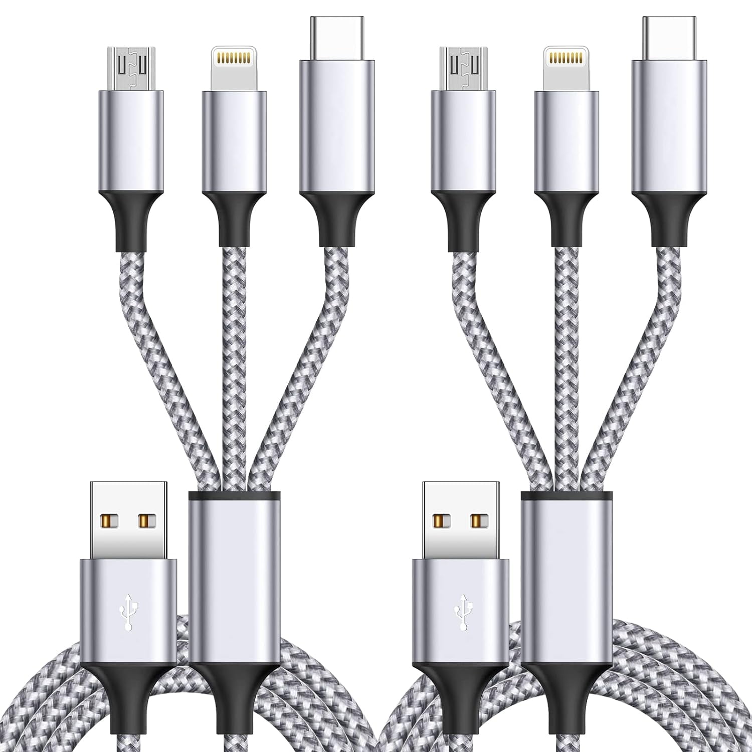 APFEN Multi Charging Cable 4FT Micro USB to SB-C to Lightning 3-in-1 Charging Cable, Gray, 2 Count