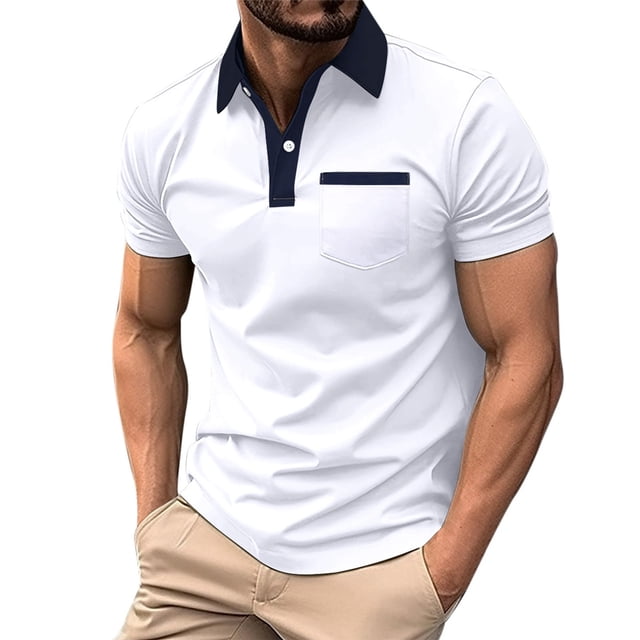 Men's Four Seasons Leisure Fashion Design Lapel Button Pocket Short Sleeve Tops
