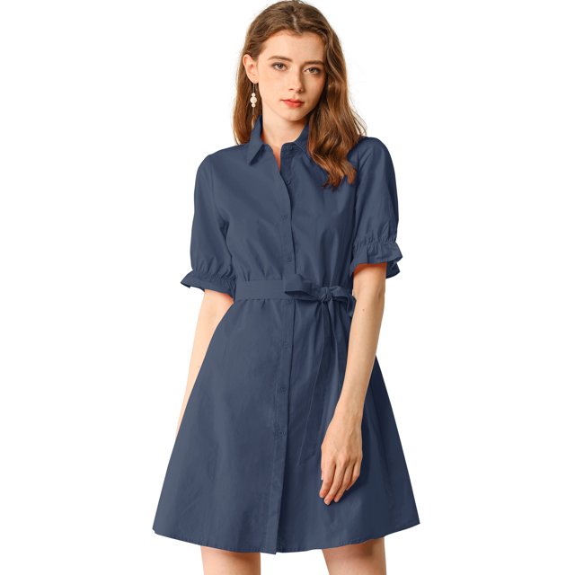 vestido camisero allegra k con cinturón botón abajo color sólido de algodón manga corta con volantes navy blue xl vestido camisero hasta la rodilla, vista frontal centrada; silueta en línea A con botones frontales y cuello puntiagudo; mangas cortas con volantes y puño elástico; cintura con corbata del mismo tejido; dobladillo midi sobre fondo blanco. Suele usarse también como opción cómoda para looks diarios y fines de semana.