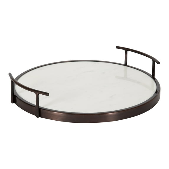 Kate and Laurel Marbury Modern Round Marble Tray, 14 Inch Diameter, Bronze, Decorative White Marble Tray for Display and Storage