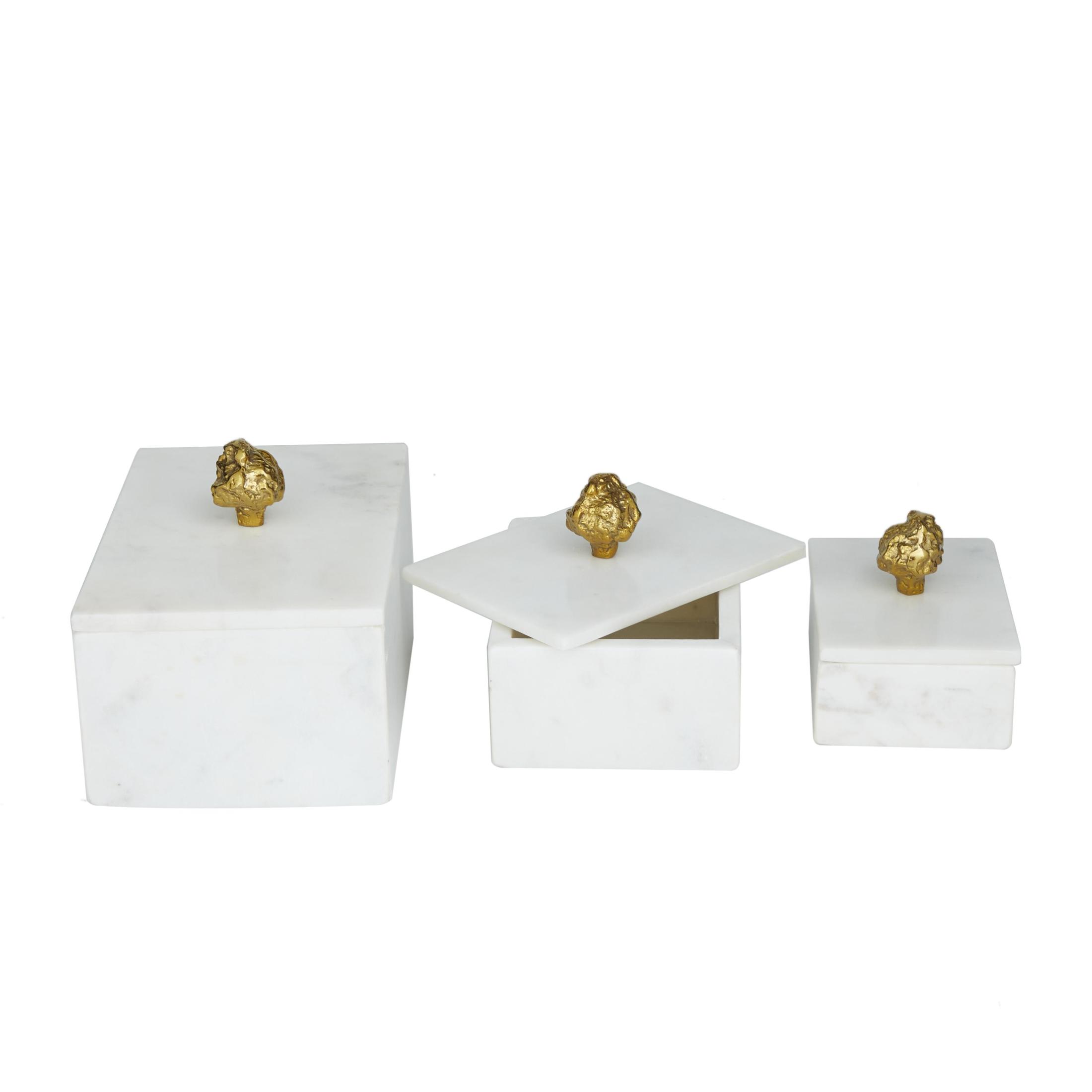 DecMode White Marble Decorative Box with Gold Finial, 3 Count