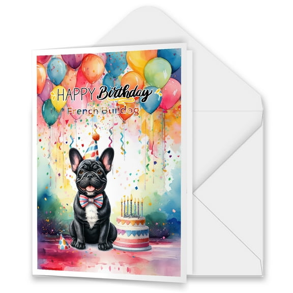 Happy Birthday to French Bulldog Kitten Party Balloons Cake 5x7in Folded Greeting Card Dog Lover Gifts Single Note Card with Envelope - 00027