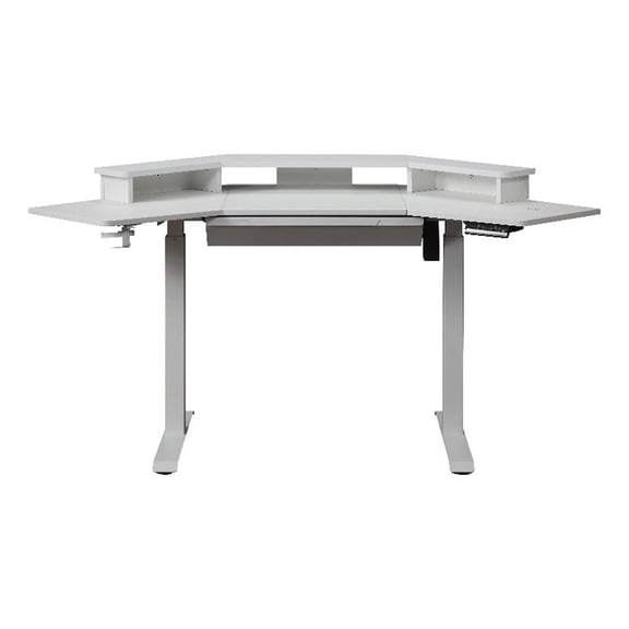 Pemberly Row Corner Electric Wood Standing Desk with Hutch and Drawer in White