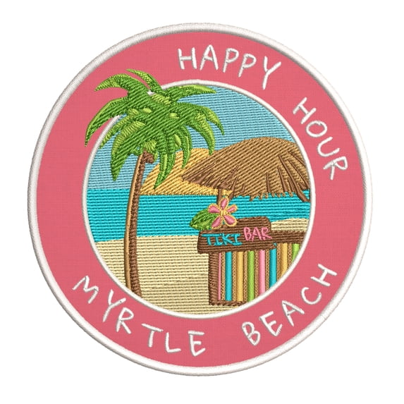 Happy Hour! Myrtle Beach, South Carolina 3.5 Inch Iron Or Sew On Embroidered Fabric Badge Patch Ocean Beach, Salt Life Iconic Series