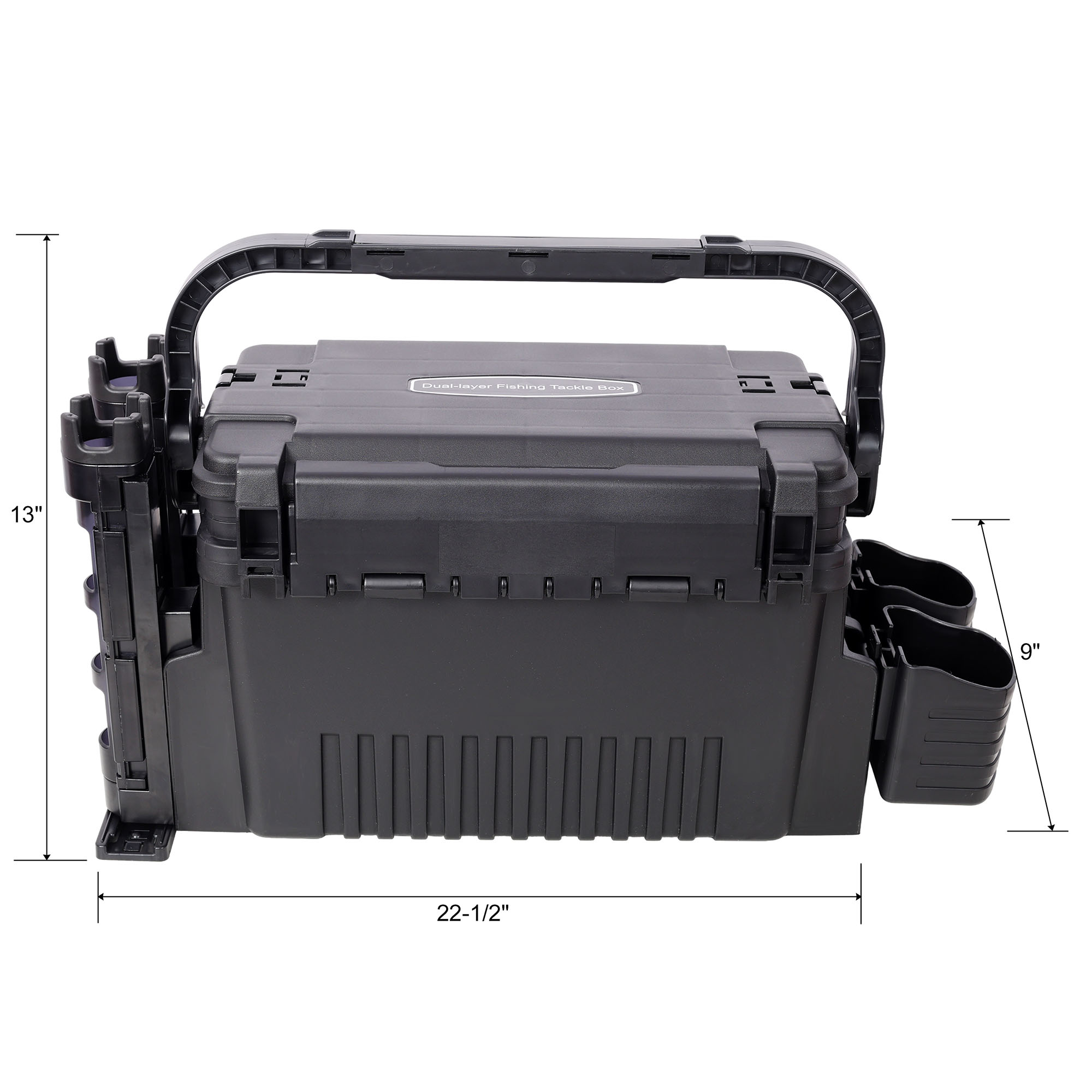 Dual-layer Fishing Tackle Box,Tackle Box Organizer Fishing Box Large,With 2pcs Rod Holder,2pcs Cup Holder,1pc Carring Strap, Black