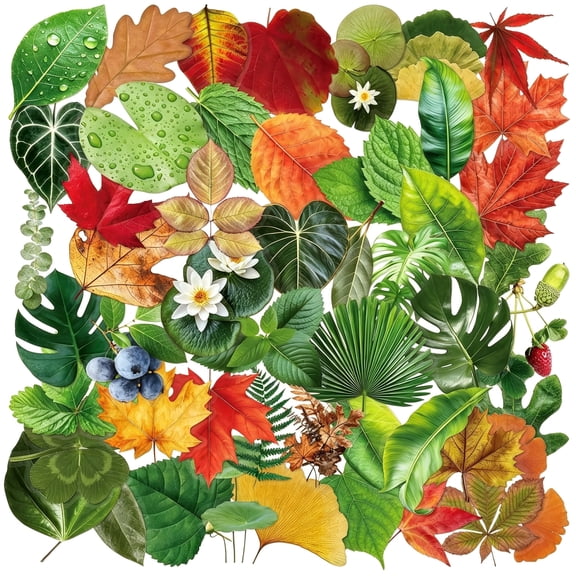 KAISA 50 Pcs Realistic Tropical Fall Leaves Stickers,Waterproof Vinyl Decals for Scrapbooking Journaling,Nature Leaf Stickers for Water Bottle Laptop Diy Crafts