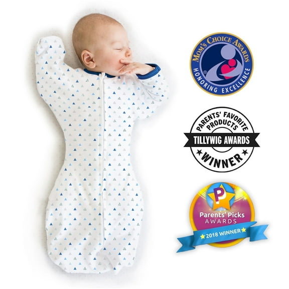 SwaddleDesigns Transitional Swaddle Sack with Arms Up Half-Length Sleeves and Mitten Cuffs, Better Sleep for Baby Boy, Tiny Triangle Shimmer, Blue, Small, 0-3 Mo, 6-14 lbs