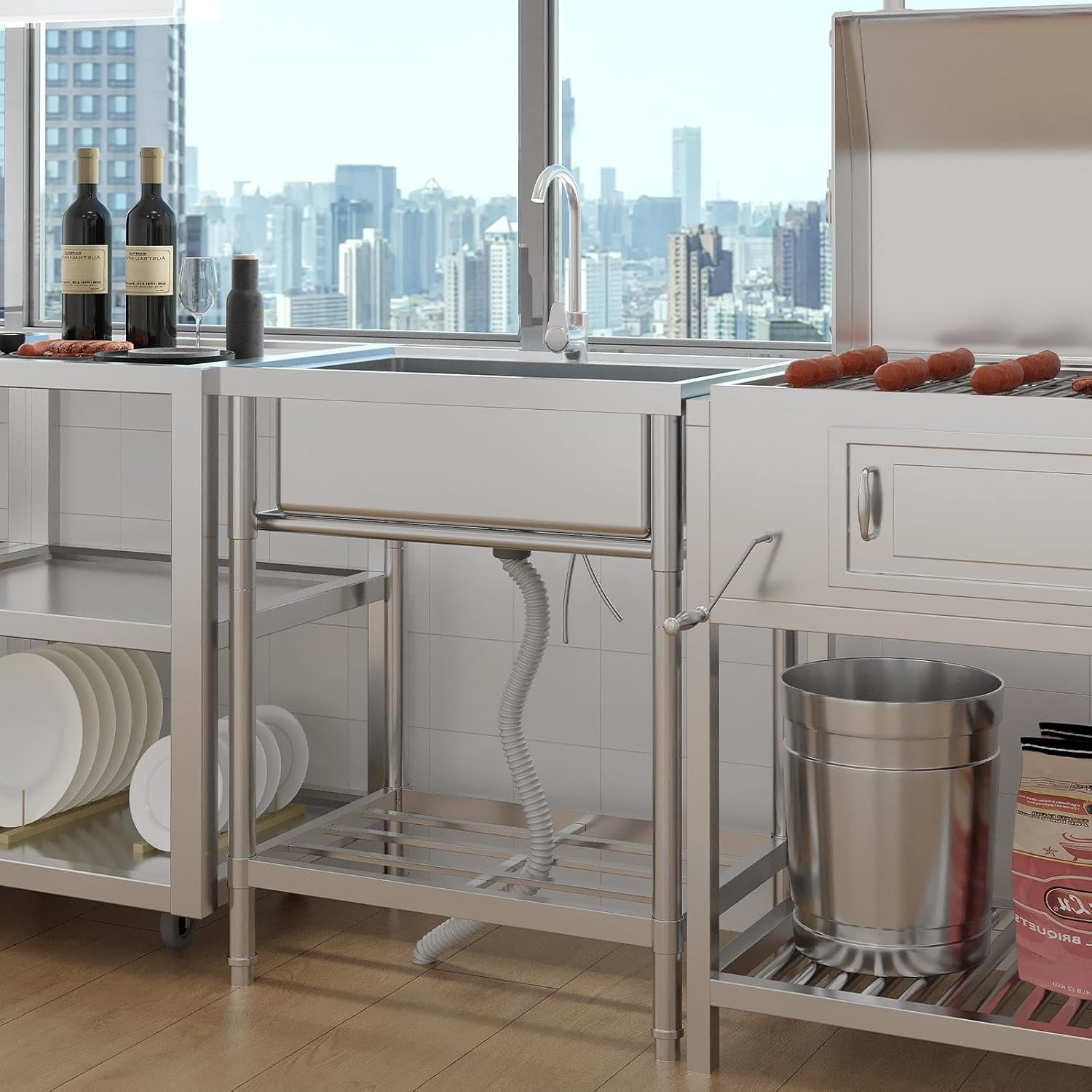 AOILE Free Standing Stainless Steel Utility Sink with Hot & Cold Water Pipes, Single/Double Bowl, Commercial Laundry & Kitchen Sink with Workbench