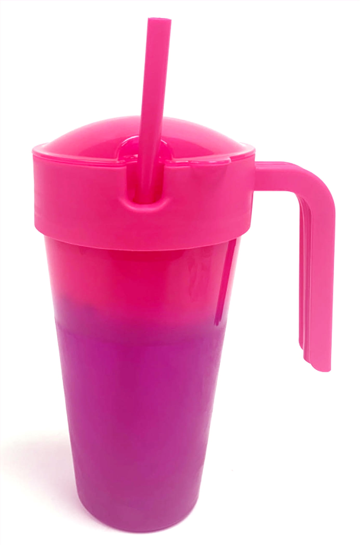 Mainstays 24 oz Plastic Snack Tumbler with Straw, Pink, Color Changing, Includes Snack Compartment with Lid