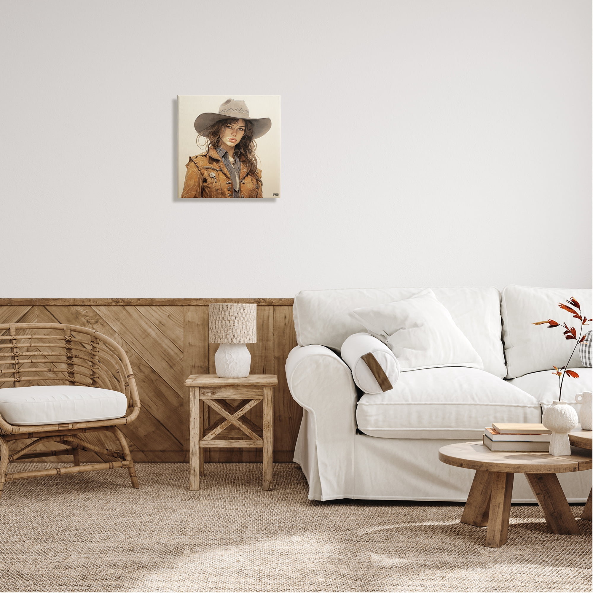 Stupell Industries Brunette Cowgirl on Beige Abstract Painting Gallery Wrapped Canvas Art Print Wall Art, 17 x 17