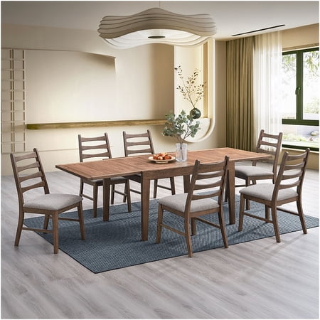 Modern 7-Piece Dining Set with Extendable Table & 6 Chairs Walnut Finish Wood Kitchen Furniture for Everyday Meals & Entertaining
