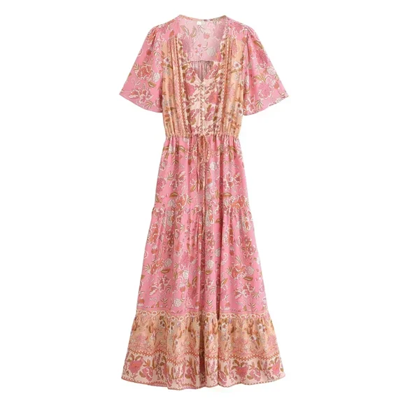 Vintage Chic Women Floral Print Lace-up Tassel Beach Bohemian Maxi Dresses Ladies Rayon Cotton Pleated Boho Dress