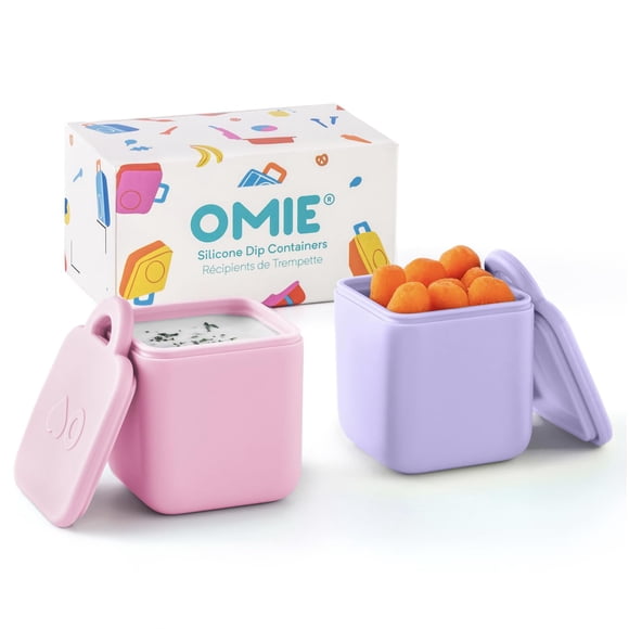 OmieBox (Paquete de 2) Contenedores Antigoteo para Salsas y Aderezos para Llevar, Contenedor para Condimentos con Tapas - Silicona Segura para Alimentos - 4 Onzas (Rosa/Púrpura)