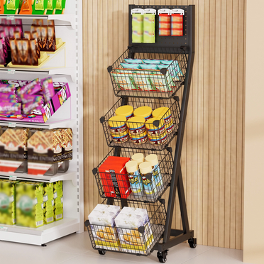 Gtouse Retail Snack Display Stand, 5 Tier Metal Candy Display Rack Retail Chip Cart Candy Potato Display Shelves with Wheels & Hooks Snack Shelf for Supermarket and Home Kitchen, Black