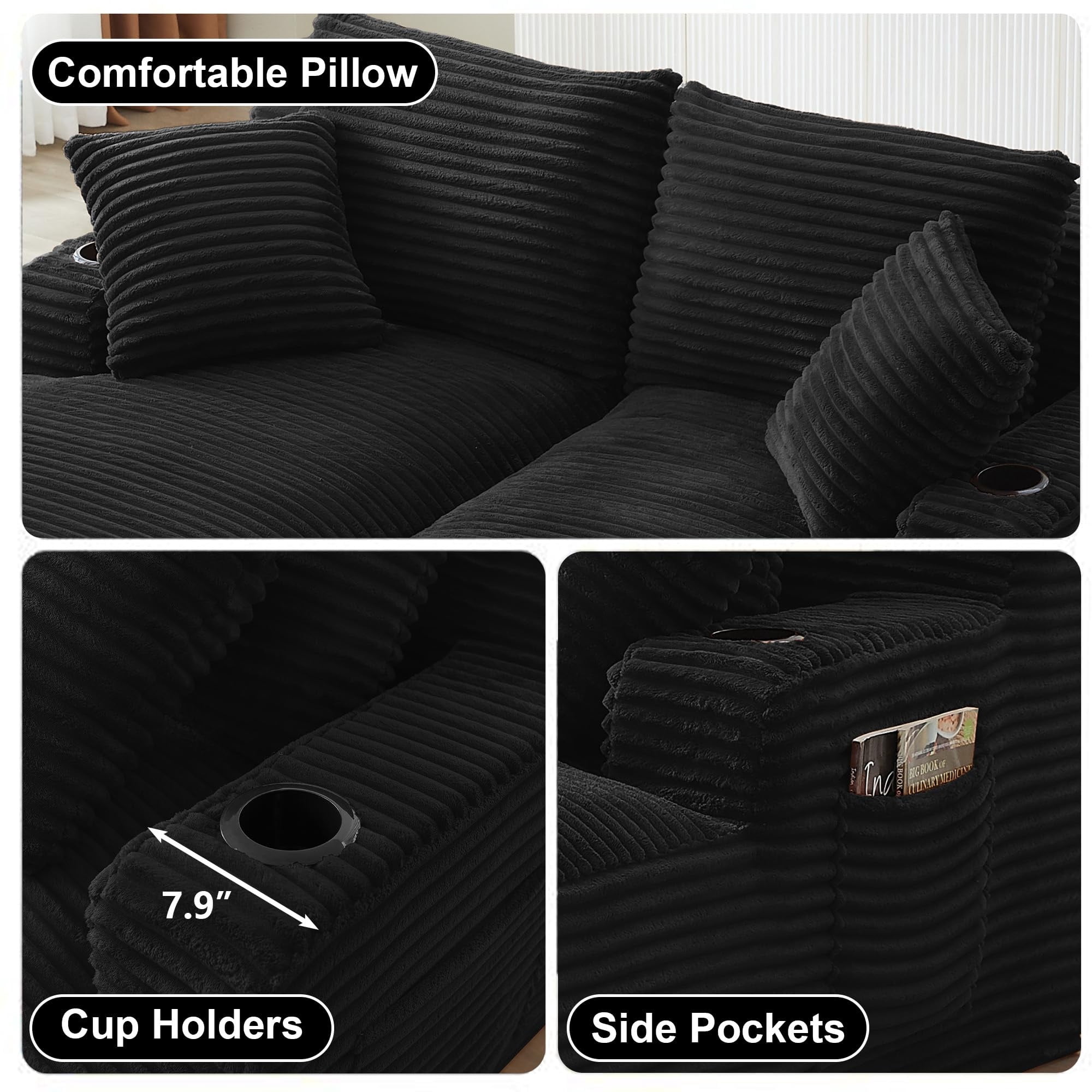 Aukfa Oversized Double Chaise Lounge Modular Boneless Couch for Living Room, 2 Cup Holders, 4 Pillows, Corduroy, Black