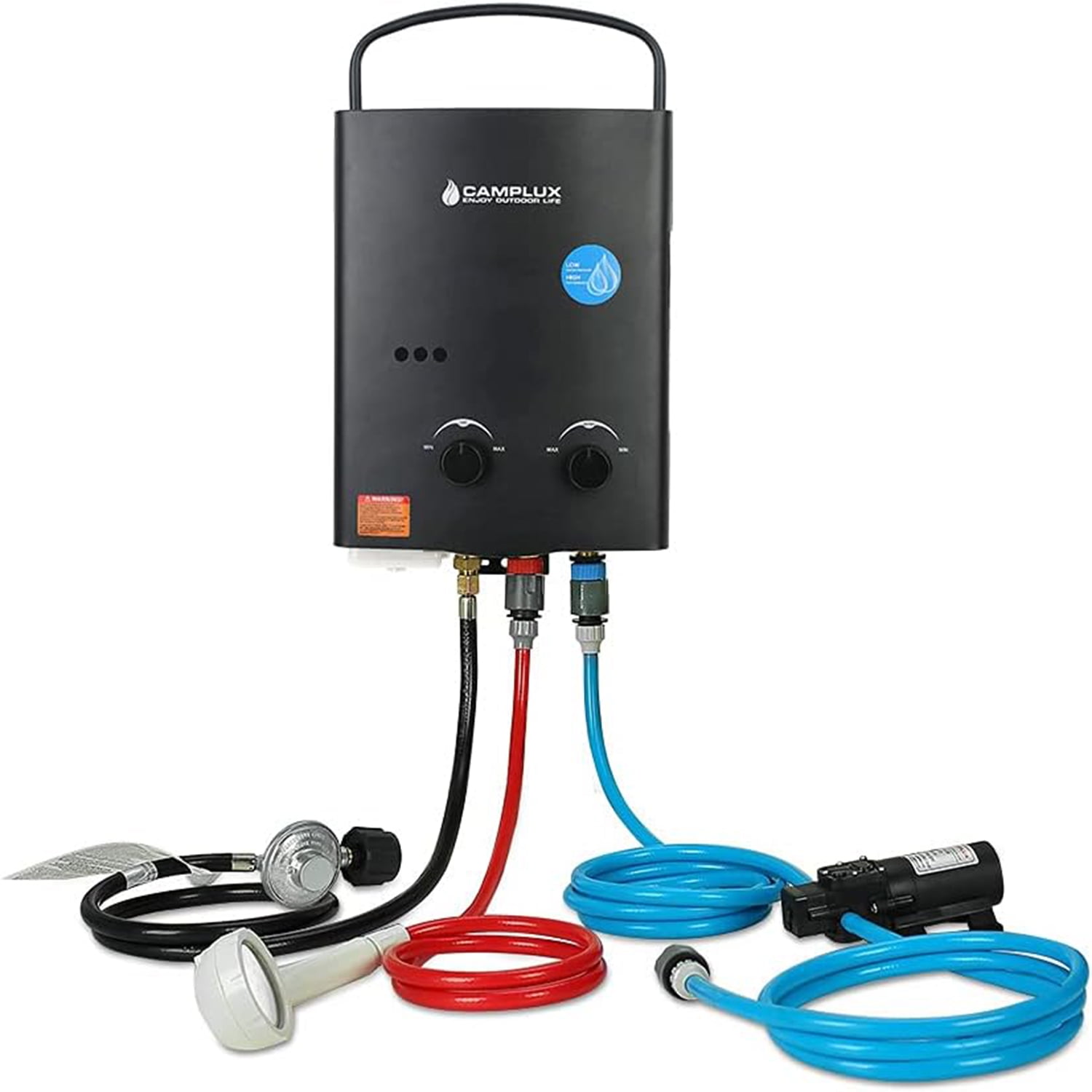 CAMPLUX 1.32 GPM 34,000 BTU Outdoor Portable Propane Tankless Water Heater Set, Black