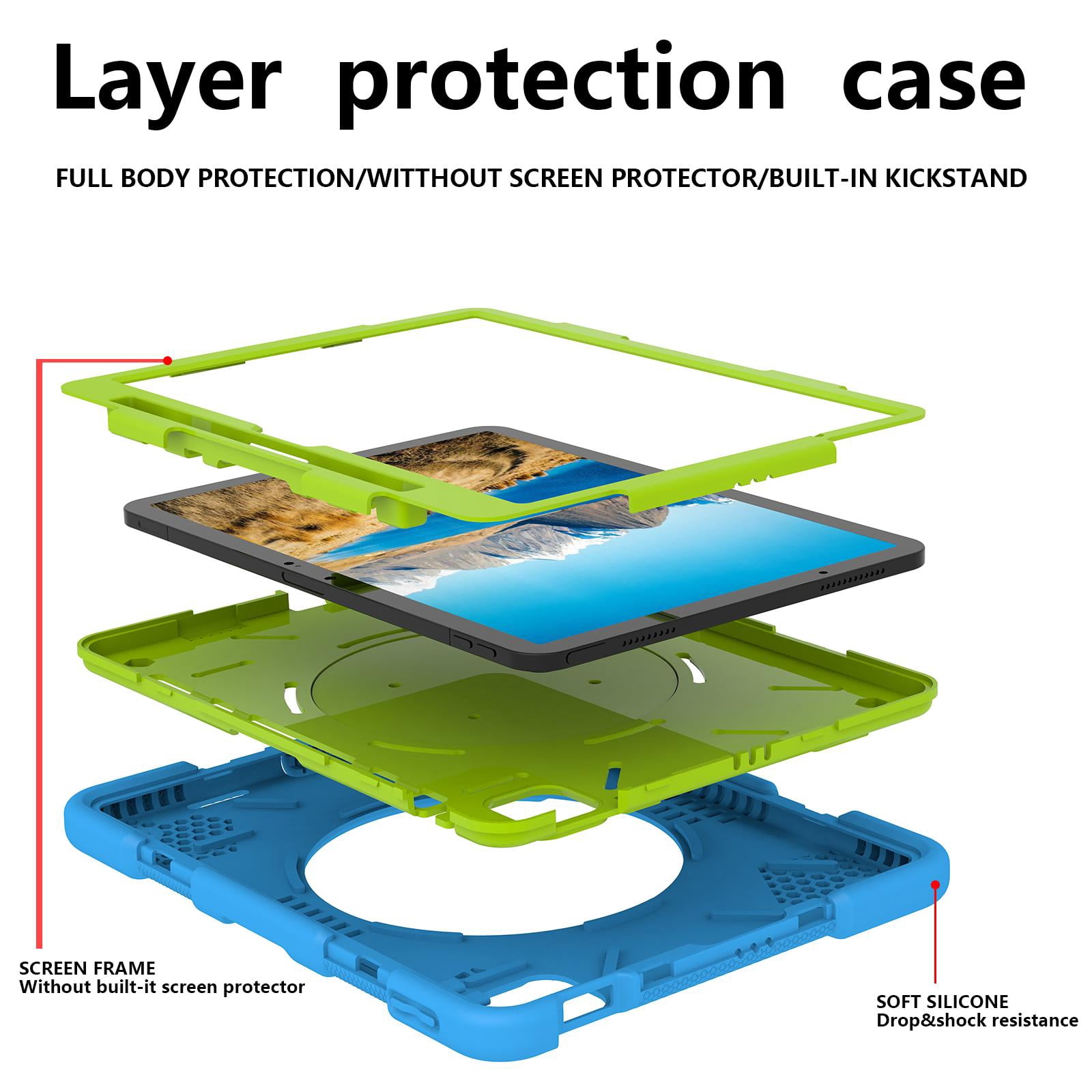 ELEHOLD Military Grade Shockproof Case For Apple iPad Air 11 (2024), Heavy Duty Protection Ring Stand Cover, Adjustable Angel, Detachable Shoulder Strap, Pencil Holder, Blue+Green