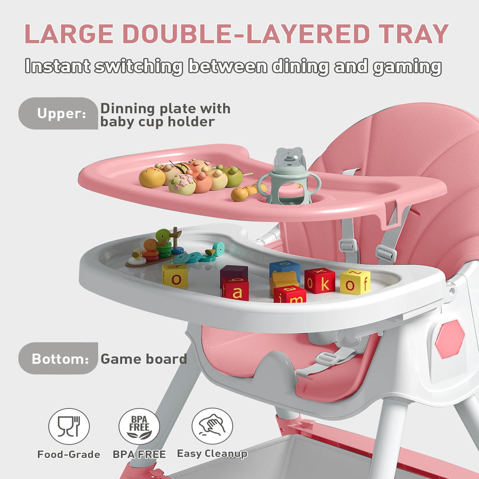 JieC Portable Baby High Chair for Infants & Toddlers with 5 Point Harness,Foldable Dining Feeding Chair with Double Dining Plate & Toy Rack,Pink