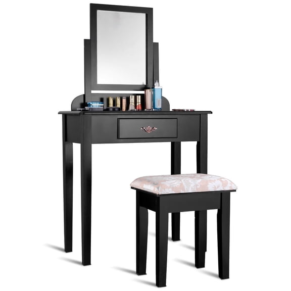 Furnibear Modern Vanity Dressing Table Set with Rotating Mirror & Storage Drawer, Wood Makeup Desk with Cushioned Stool for Bedroom, Small Space Organizer, Black