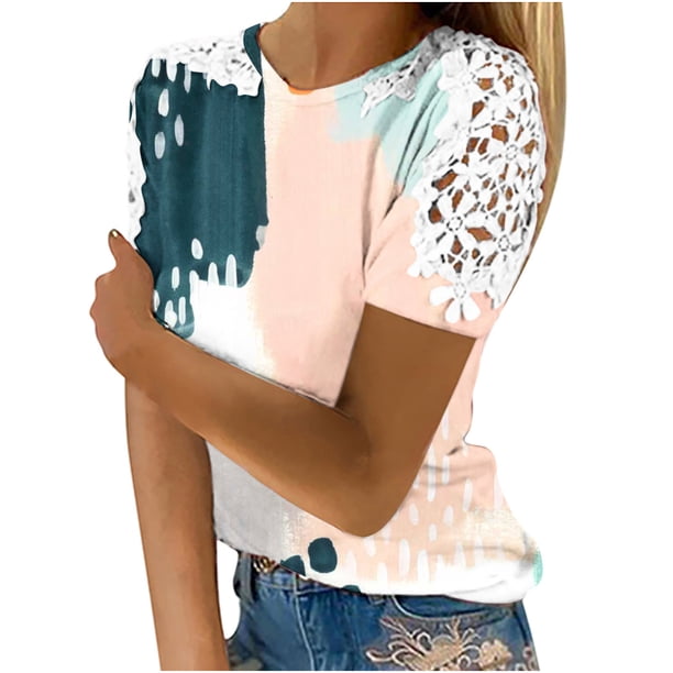 Mujeres Causal Mangas Cortas Cómodo Encaje Cuello Redondo Estampado Blusa Pullover Tops Camisa OAVQHLG3B Store lin121212