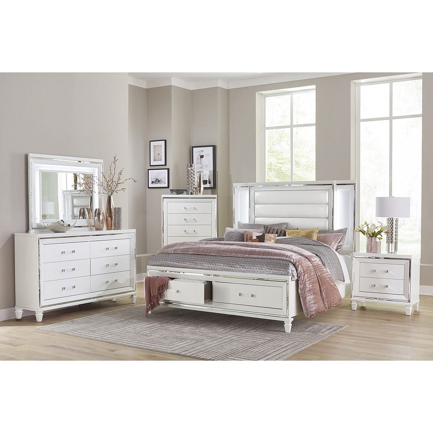 Tamsin Collection Chest with Mirrored Framing and Acrylic Hardware in White Finish