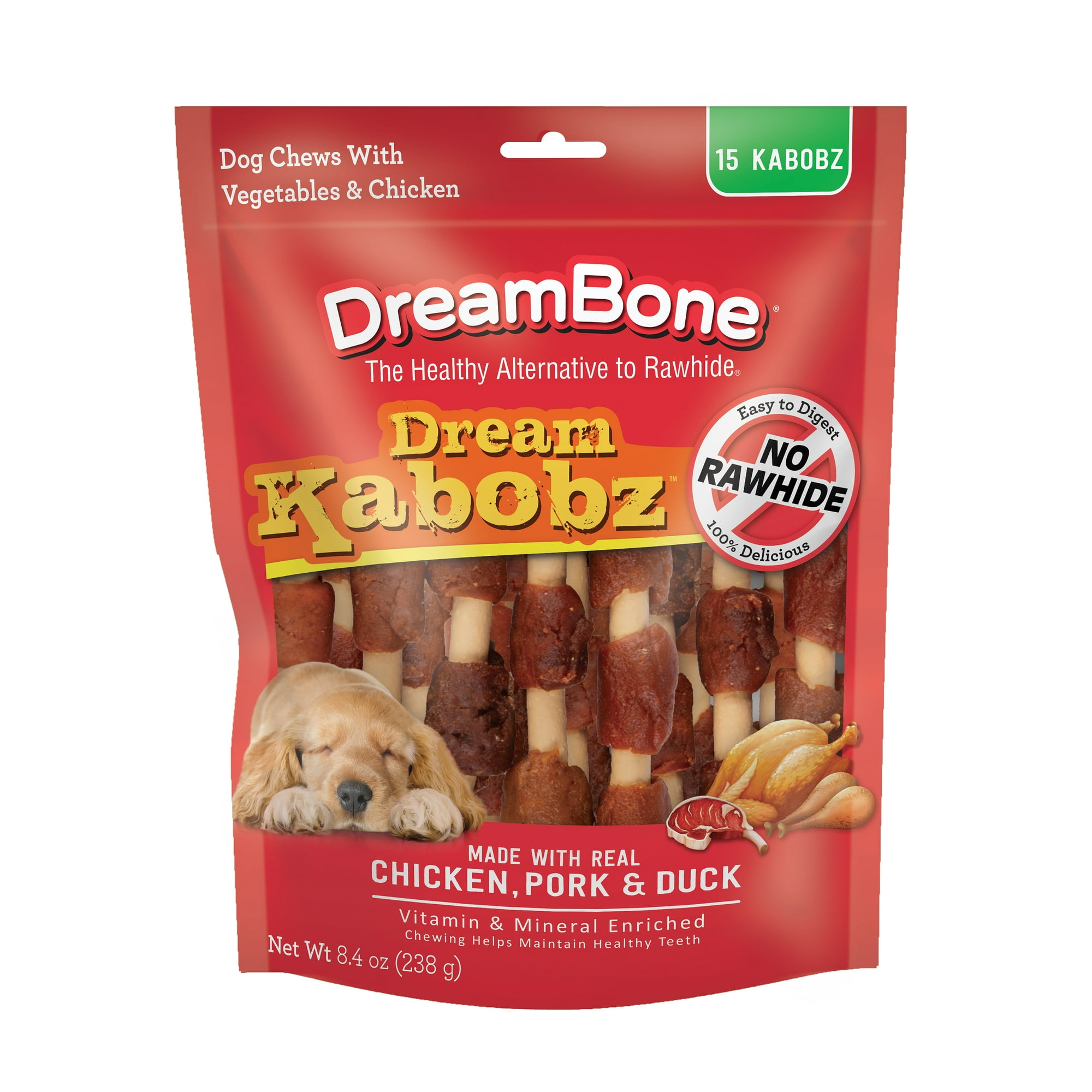 DreamBone Dream Kabobz Rawhide-Free Chews for Dogs, Made with Real Chicken, Pork and Duck, 15 Count