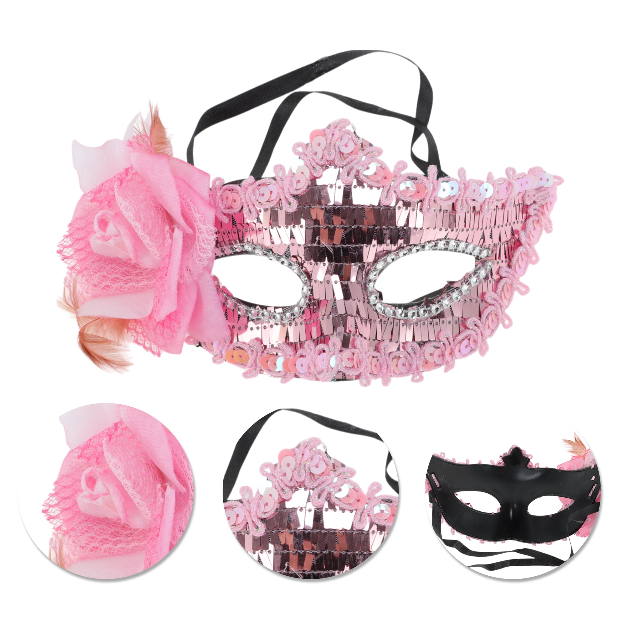 Unique Bargains 1 Box Elegant Floral Sequins Half Face Party Mask Pink