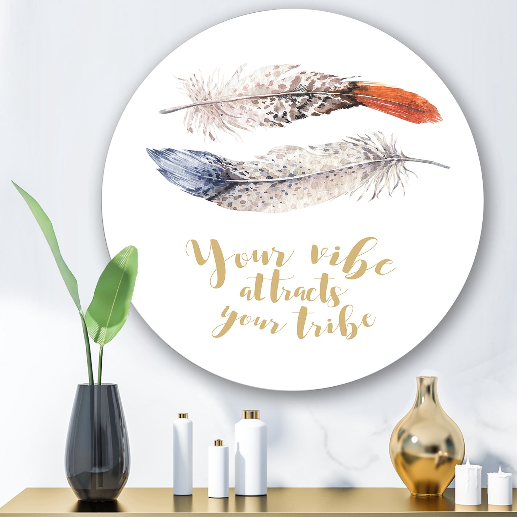 Your VIbe Attracts Your Tribe Two Feathers 11 in x 11 in Painting Art Prints, by Designart