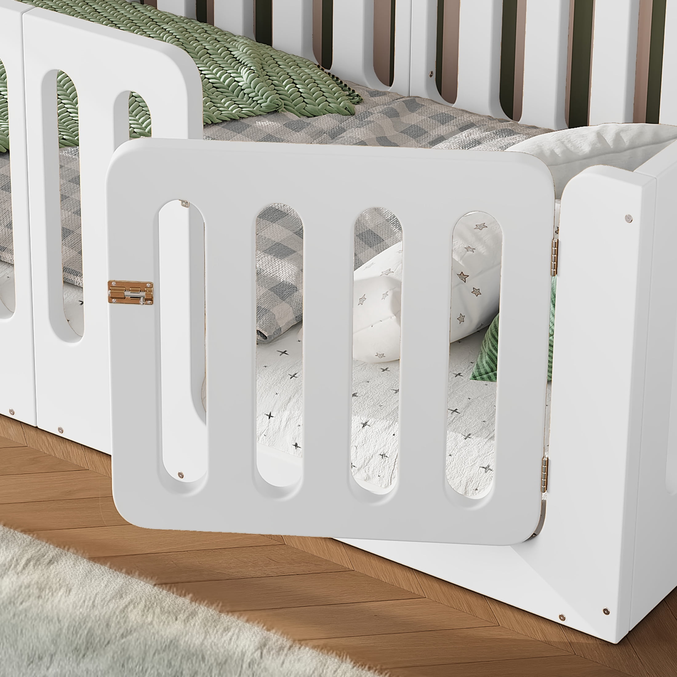 GDF Studio Twin Size Montessori Floor Bed with High Guardrails & Door, Low-Profile Design, White