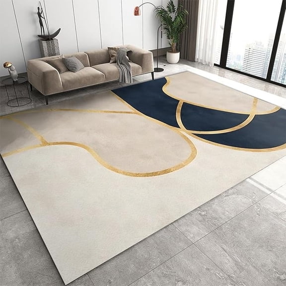 Modern Navy Blue Cream Geometric Area Rug, Light Luxury Gold Lines Living Room Rug, Low Pile Non Slip Backing Washable Rug For Bedroom Kitchen Dining Room Home Office Floor Mat 1x2ft