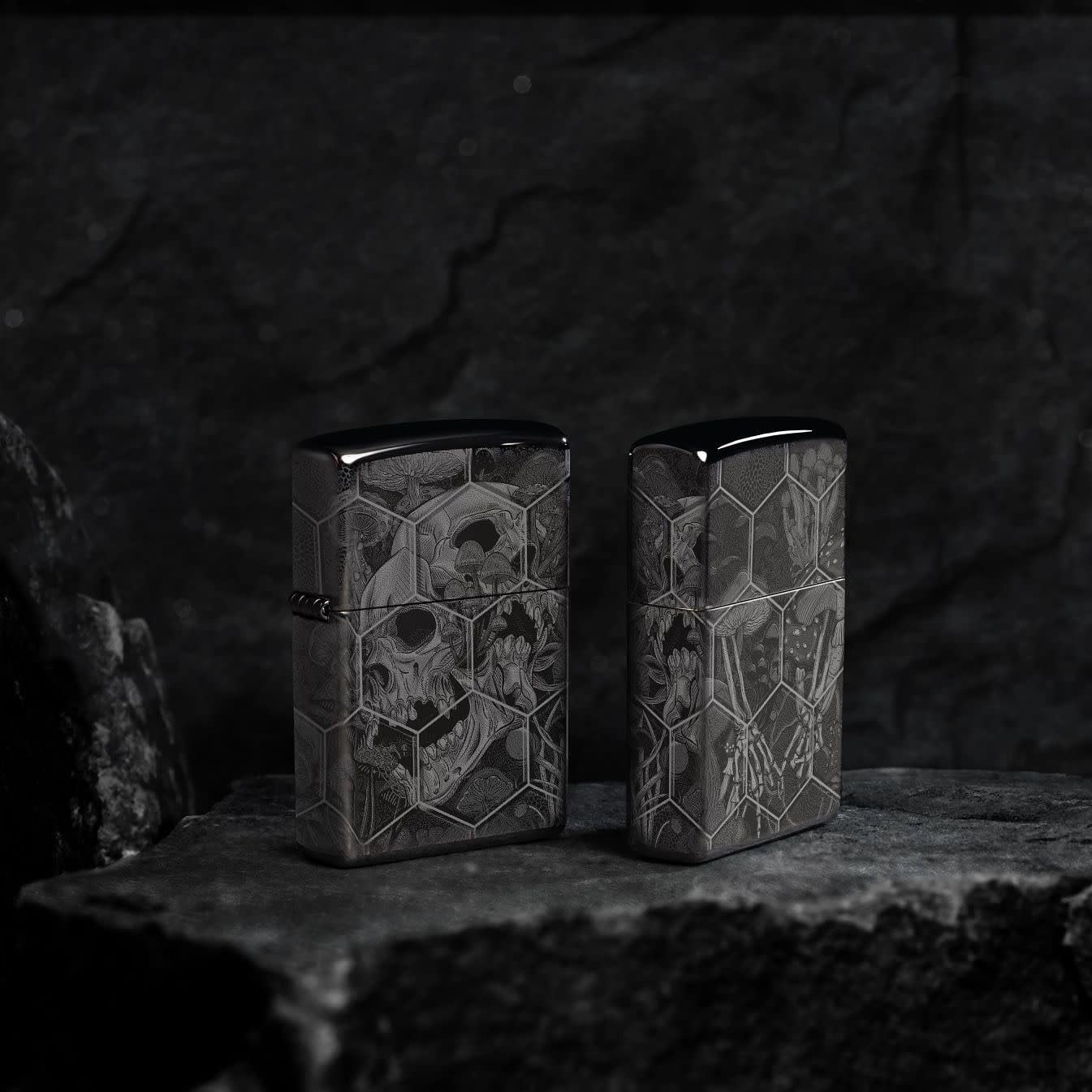 Zippo - Customized Message on Mushroom Skulls High Polish Black Pocket 46425