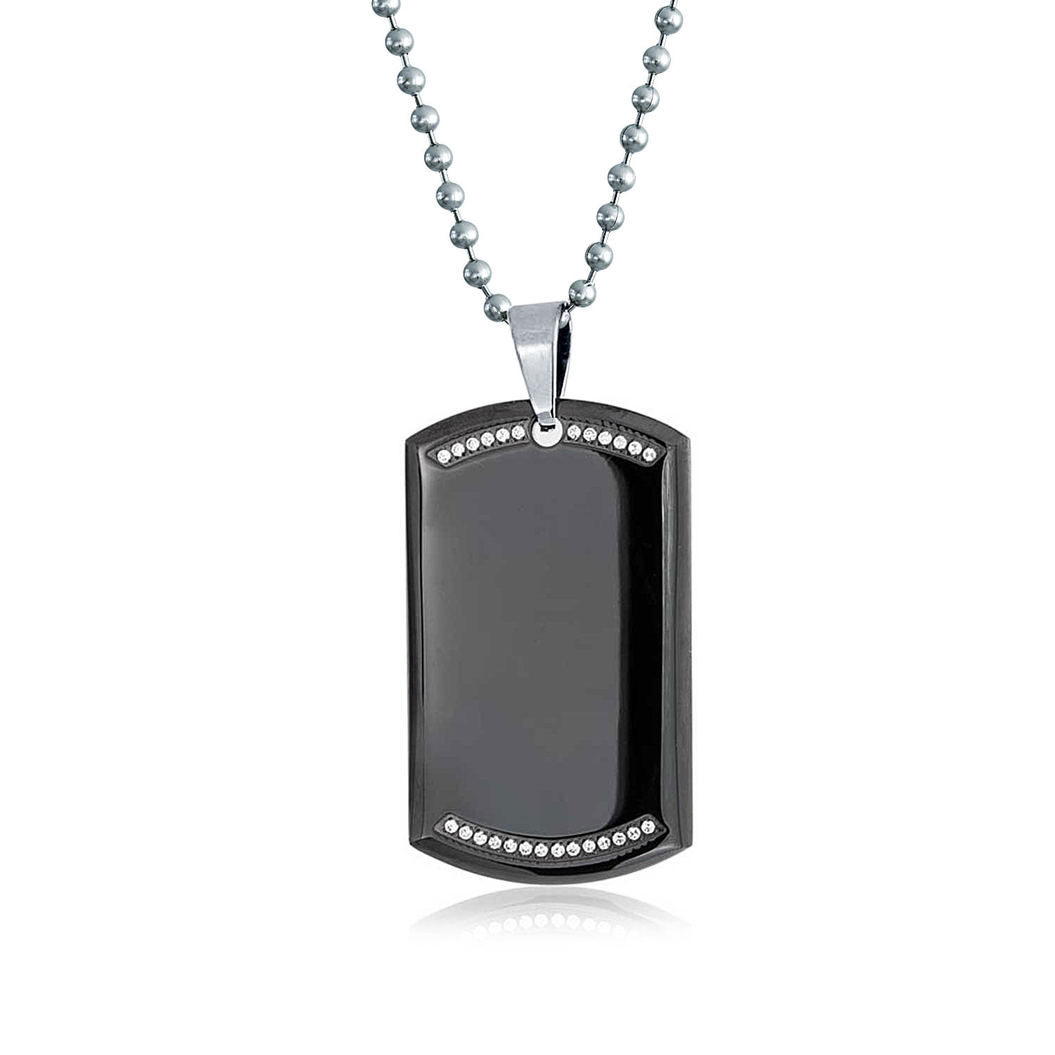 Bling Jewelry Engravable CZ Edge Black Dog Tag Pendant Necklace for