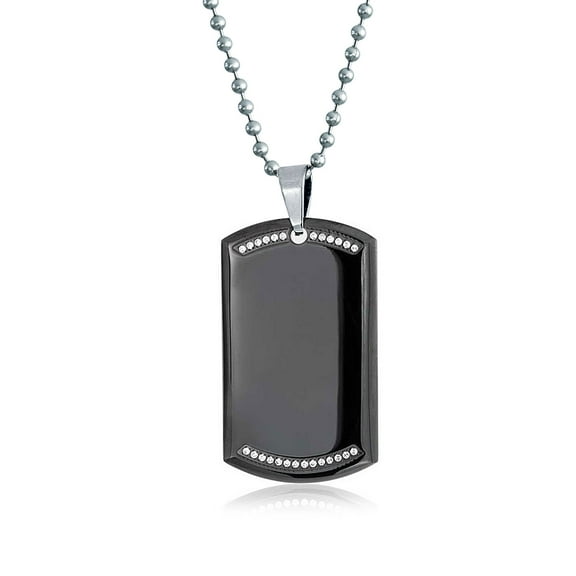 Bling Jewelry Mens CZ Edge Black Dog Tag Pendant Necklace for Men Stainless Steel 24" Bead Chain