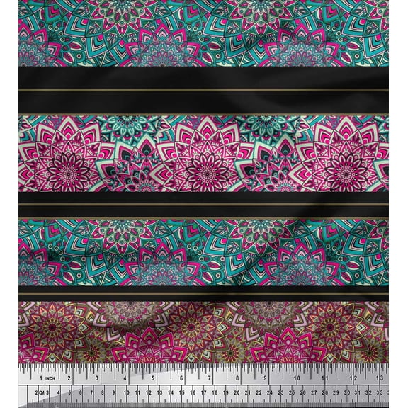 Soimoi Silk Fabric Stripe & Mandala Kaleidoscope Print Sewing Fabric Yard 42 Inch Wide